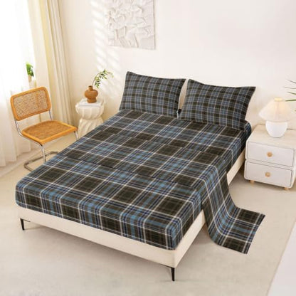 Full Size Vintage Plaid Bed Sheet Set Blue Brown Buffalo Checkered Sheets with Pillowcases