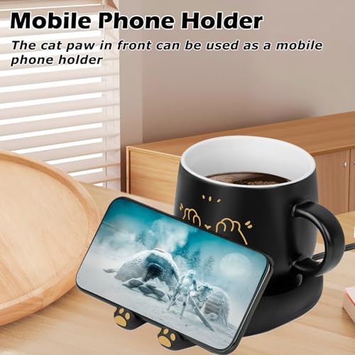 Ador Black Cat Mug & Coffee Warmer Set with Auto Shut Off - Cute Ceramic Mug & 3 Temp Settings