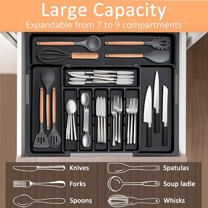 Spaclear Silverware Organizer Expandable Kitchen Utensil Drawer Organizer with 9 Compartment Large Cutlery Organizer Tray for Forks Knives Plastic Black 13" - 22" W,14.5" - 19" L