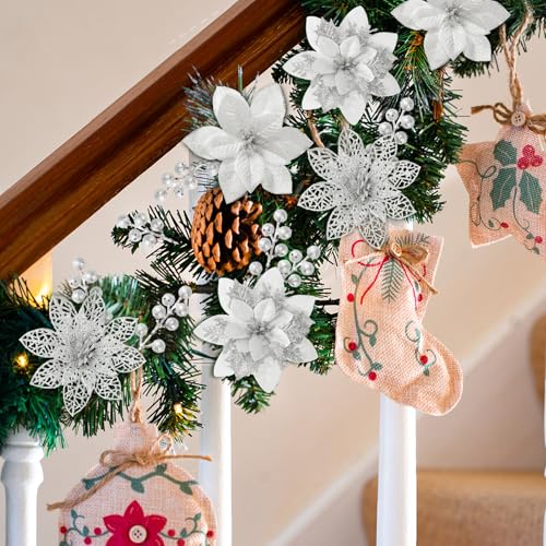 Artificial Christmas Poinsettia Flowers with Glitter - Silver, 30 pcs