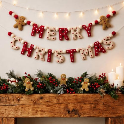 Christmas Felt Garland with Gingerbread Man and 'MERRY CHRISTMAS' Letters - 10 ft with Red White Brown Variation