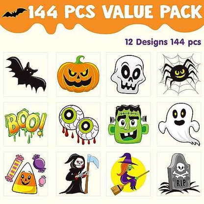 JOYIN 144 PCS Halloween Temporary Tattoos for Kids, 12 Designs Bulk Fake Tattoos Stickers for Halloween Party Favors Decorations, Supplies Trick or Treat Game Gifts Goodie Bags, Class Game Prizes