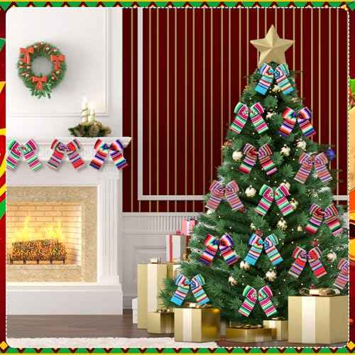 24 Pcs Christmas Mexican Serape Bows 5.5 Inch Christmas Mexican Ornaments Mexicano para Fiesta Colorful Rainbow Stripes Bowknots for Xmas Tree Gift Wrapping Wreath