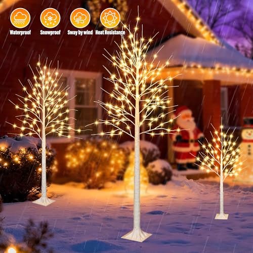 Artificial Birch Trees Set of 3 - 4FT, 6FT, 8FT Christmas Lights & Modes
