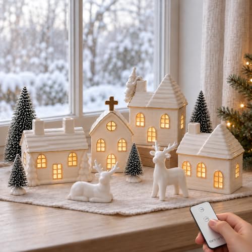 Christmas Village Set with 4 Ceramic Houses and 4 Trees - 16 Pieces