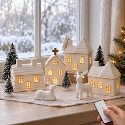Christmas Village Set with 4 Ceramic Houses and 4 Trees - 16 Pieces