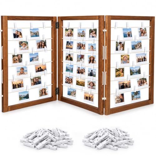 54x24 Inch Wood Photo Hanging Boards with Clips - 3-Panel Rustic Display