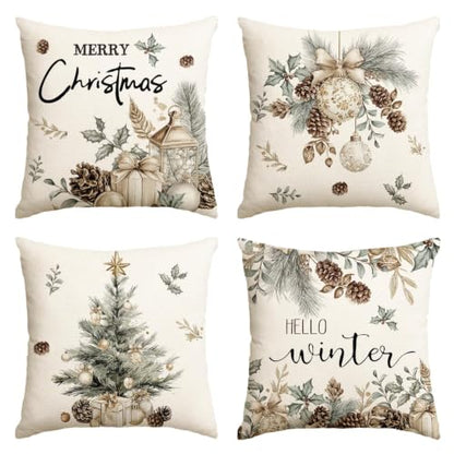 White 18x18 Inch Christmas Tree Pillow Covers Set of 4 Holiday Cushion Cases