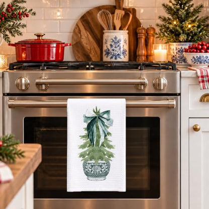 Christmas Green Chinoiserie Kitchen Towels - Dark Green Porcelain Tree Hand Towels, 16x24 Inch, Holiday Decor