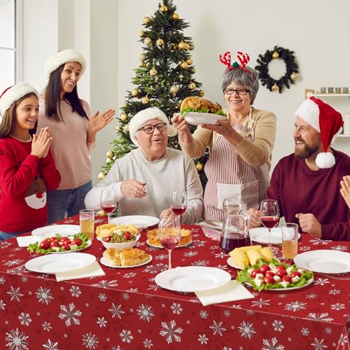Red Snowflake Christmas Tablecloths - Pack of 3, 54 x 108 Inches, Disposable Holiday Decor