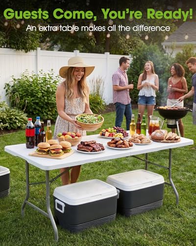 Pureegg 6ft Folding Table - White, Indoor & Outdoor, 300 lbs Support, Portable