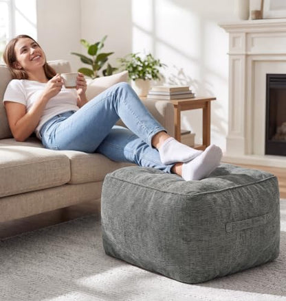Large Chenille Square Pouf Ottoman Foot Rest - Grey, 20 x 20 x 14 inches