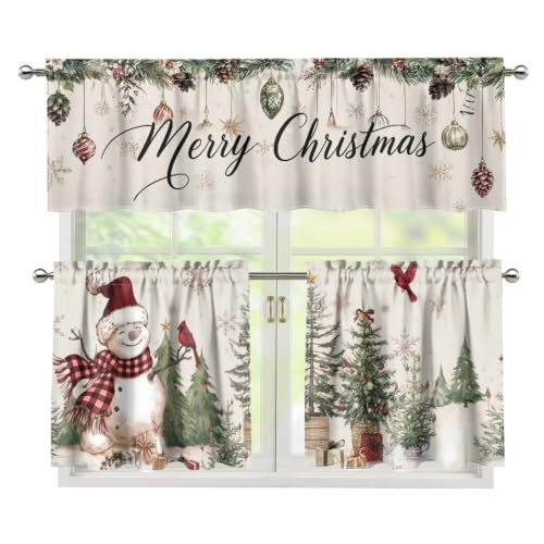 Christmas Snowman Kitchen Curtain Set with Valance and Panels - Variation of Xmas Snowman Cardinal / 27.5"W x 24"L
