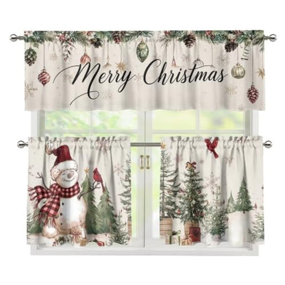 Christmas Snowman Kitchen Curtain Set with Valance and Panels - Variation of Xmas Snowman Cardinal / 27.5"W x 24"L