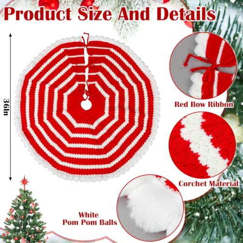 36 Inch Red White Crochet Christmas Tree Skirt with Pom Trim