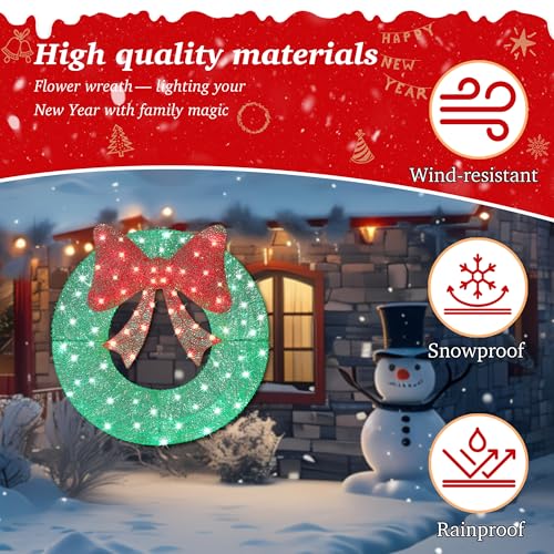 36-Inch Outdoor Christmas Wreath with 128 LED Lights and Bow - All Weather Yard Decor