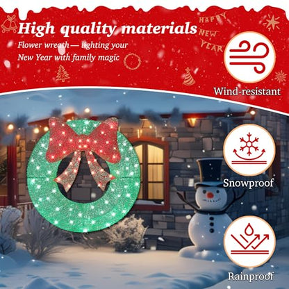 36-Inch Outdoor Christmas Wreath with 128 LED Lights and Bow - All Weather Yard Decor