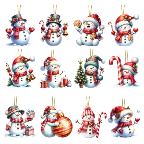 Christmas Snowman Hanging Ornaments Set - Style 2, 12Pcs Acrylic Holiday Decor