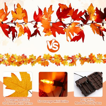 12 Ft LED Fall Garland with 50 Lights and 8 Modes Waterproof Maple Leaf Decor