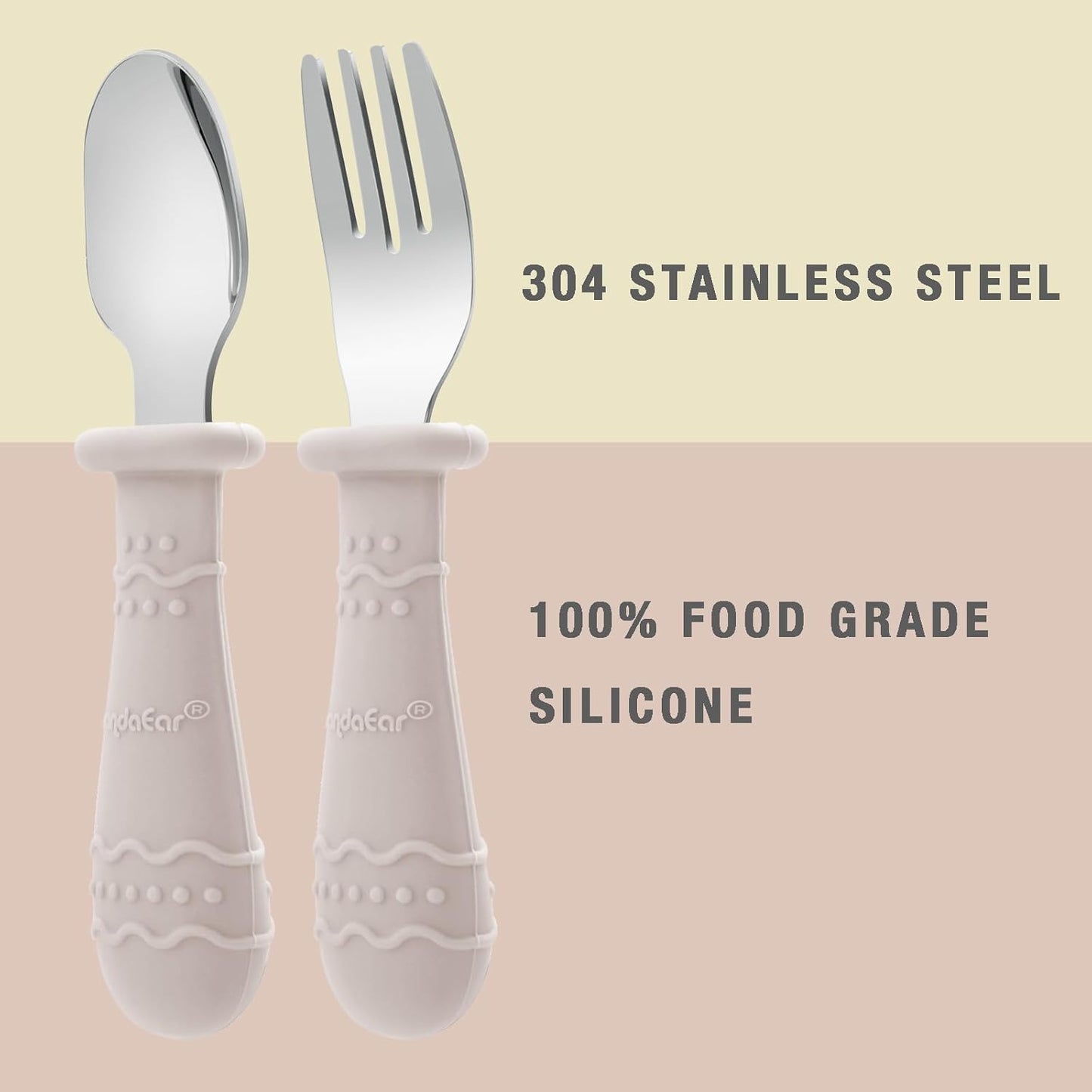 PandaEar Kids Utensils Set - 6 Pack Stainless Steel & Silicone Spoons and Forks | Dishwasher Safe (Light Tan/Walnut/Blue)