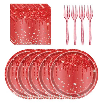 Red Glitter Disposable Paper Plates Set for Parties - 7 Inch, 72 Pcs with Napkins & Forks