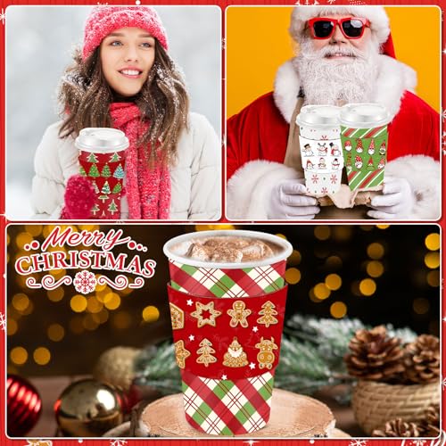 Christmas Paper Cups with Lids & Sleeves 16 oz - Red & Green Stripe, 100 Sets