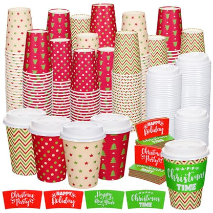 Zhehao 160 Sets/ 480 Pcs Disposable Coffee Cups Christmas Paper Cups with Lids and Sleeves for Cold Drink Tea Hot Cocoa Chocolate Holiday Xmas Party Supplies, 4 Designs (Pretty Style, 16 oz)
