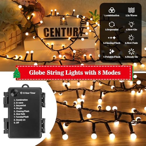 16Ft Battery-Powered Christmas String Lights with 100 LEDs & 8 Modes - Warm White