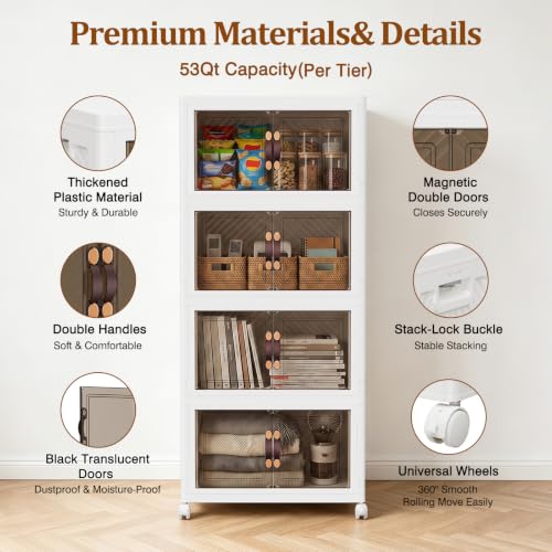 4-Tier Stackable Storage Bins with Lids and Wheels - 53QT White