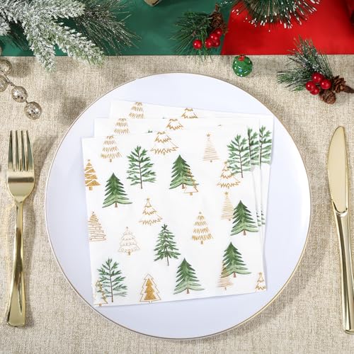 Christmas Tree Paper Napkins with Gold Glitter Trees - 100 Pcs, 6.5in - Xmas Trees