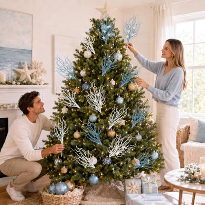 15PCS Coastal Christmas Glitter Picks Decorations - Blue & White Holiday Spray