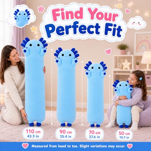 Long Axolotl Plush Pillow 43.3 Inch - Soft Blue Stuffed Animal for Kids & Gift