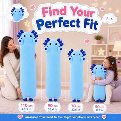 Long Axolotl Plush Pillow 43.3 Inch - Soft Blue Stuffed Animal for Kids & Gift