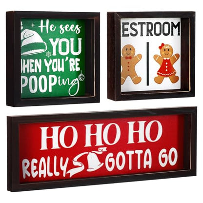 Christmas Bathroom Wood Signs Set - Rustic Holiday Restroom Wall Decor