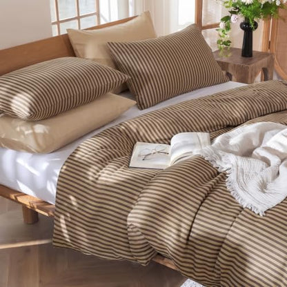 Fine Stripe Brown Duvet Cover Set - King Size 100% Cotton Sateen, 3 Pieces
