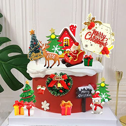 25pcs Christmas Cake Topper Set with Santa Snowman Reindeer and Mini Trees