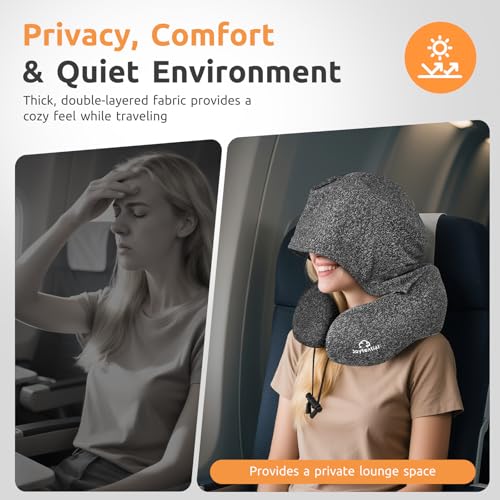 Black Travel Neck Pillow with Hood, Memory Foam Support for Flights & Travel