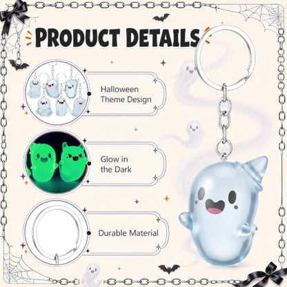 Halloween Ghost Keychains Bulk - Green Glow-in-Dark Set, 24 Pack