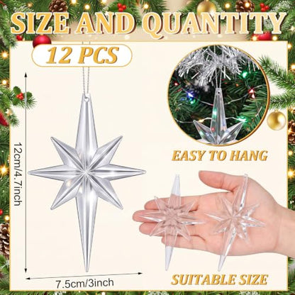 12 Pcs Christmas Bethlehem Star Ornaments - Clear Glitter Holiday Decorations, 4.72 x 2.95 Inches
