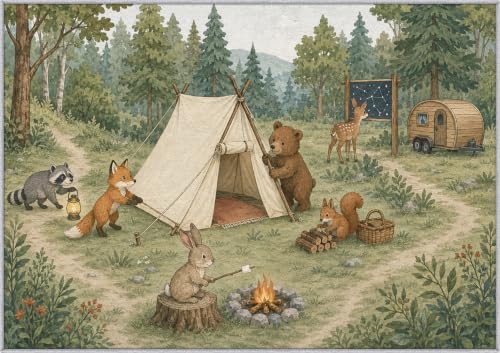 Sage Green and Cream Woodland Camping Area Rug 3x5 - Kids Playroom Decor
