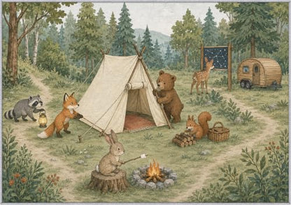 Sage Green and Cream Woodland Camping Area Rug 3x5 - Kids Playroom Decor