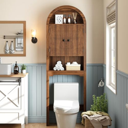 Over The Toilet Storage Cabinet Walnut Oak Bathroom Organizer with Arched Design