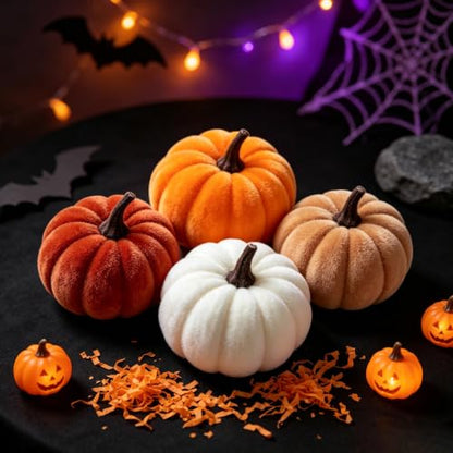 16Pcs Velvet Pumpkin Decor Set for Fall Halloween Thanksgiving - Realistic Plush Pumpkins
