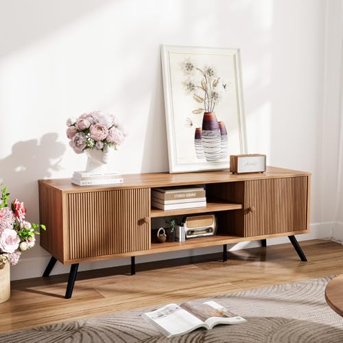 GTPLAYER Cocoa TV Stand for Living Room 55/60/65 Inch TVs Retro Brown Entertainment Center with Fluted Doors & Adjustable Shelves