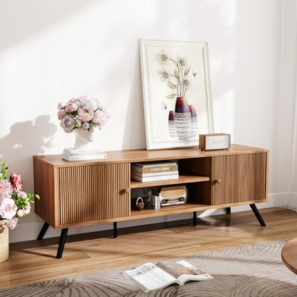 GTPLAYER Cocoa TV Stand for Living Room 55/60/65 Inch TVs Retro Brown Entertainment Center with Fluted Doors & Adjustable Shelves
