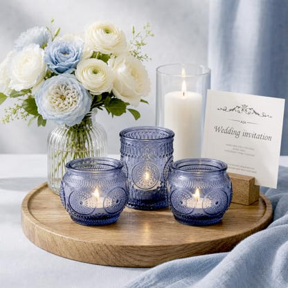 Blue Votive Candle Holders Set - 24 Pack with Vintage Sunflower Pattern
