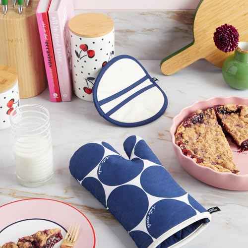 Kate Spade New York Joy Dot Oven Mitt & Pot Grabber 2-Pack Set, 7" x 13", 8" Round, Navy Blue/Cream