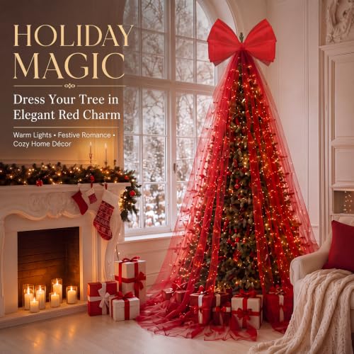 Giant Red Christmas Tree Bow Topper - 9.8Ft Matte Gauze Holiday Decor