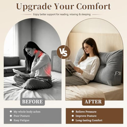 Twin Bed Backrest Pillow with Support & Side Pocket - Grey