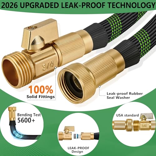 Black Green 100ft Garden Hose with 3/4 Inch Brass Fittings, Lightweight, Kink-Resistant & Leak-Free